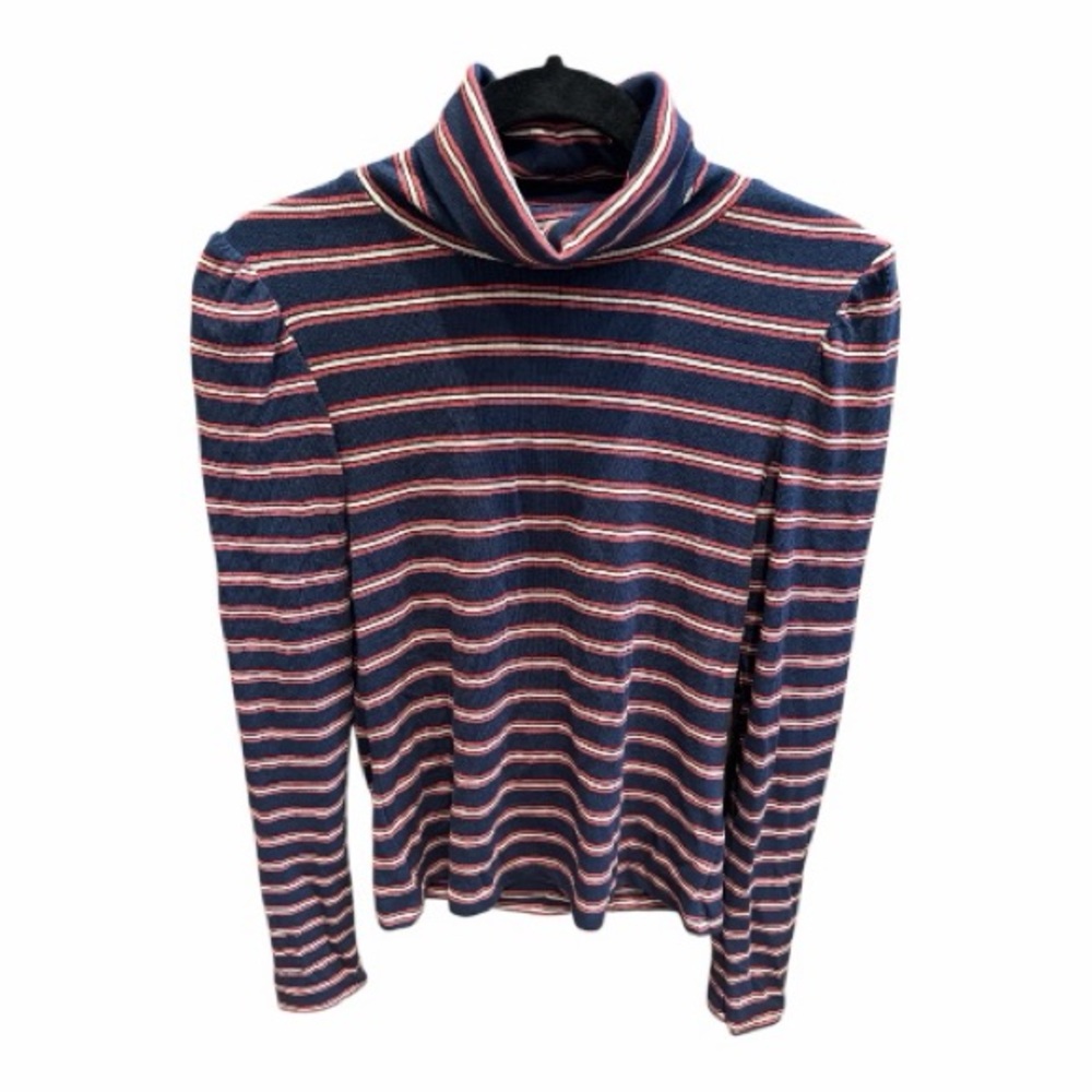 Evereve Navy, White and Red Striped Modal Turtleneck with puff sleeves M